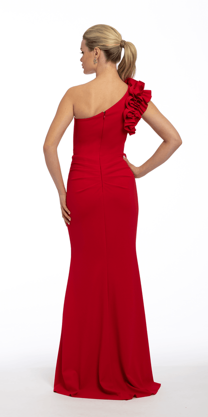 Ruffle One Shoulder Scuba Dress with Ruching