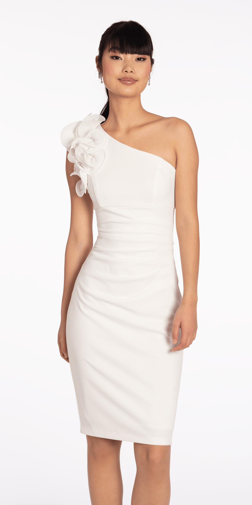 Crepe One Shoulder Ruffle Midi Dress with Ruching