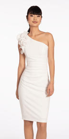 Crepe One Shoulder Ruffle Midi Dress with Ruching