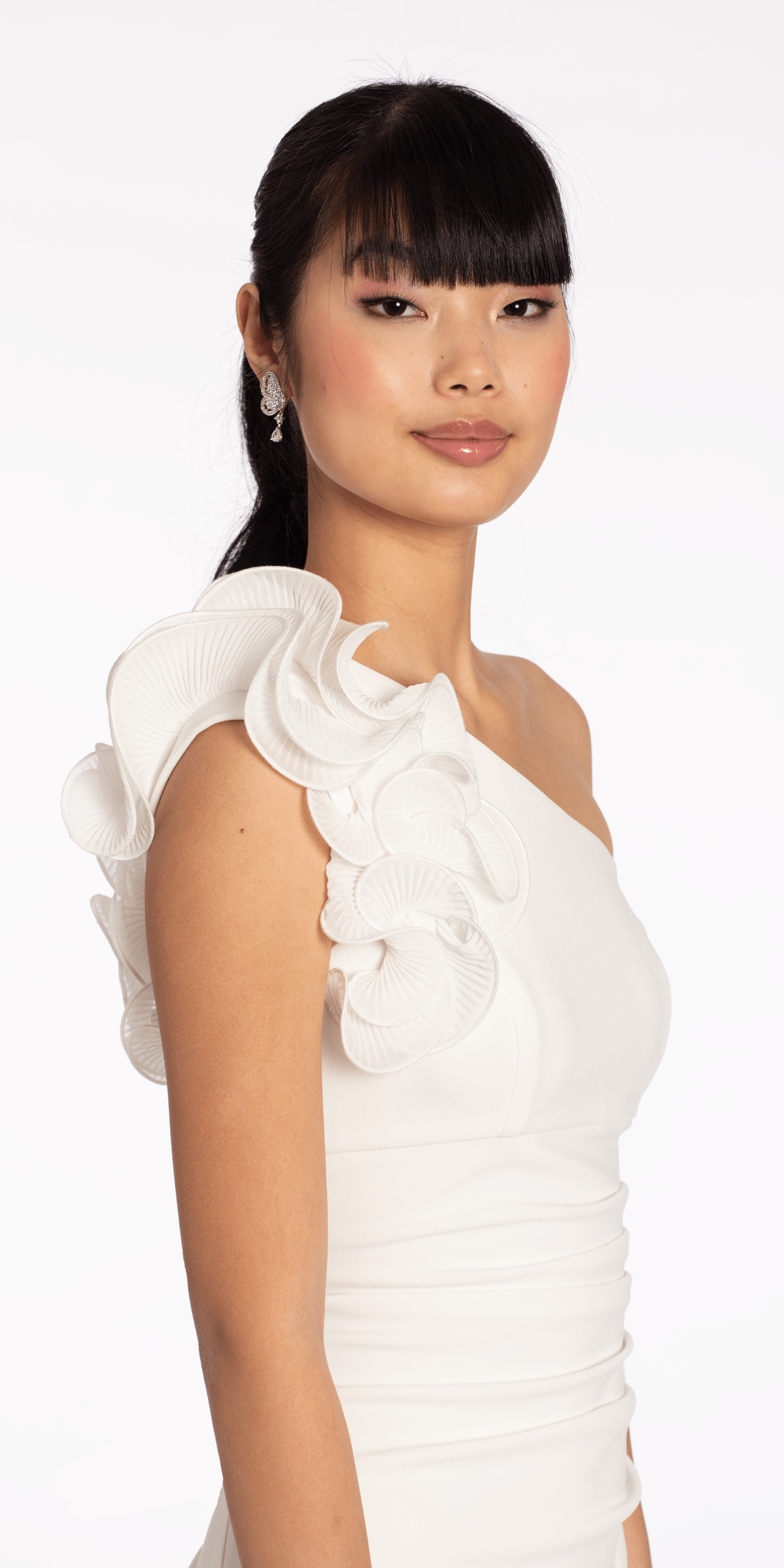 Crepe One Shoulder Ruffle Midi Dress with Ruching