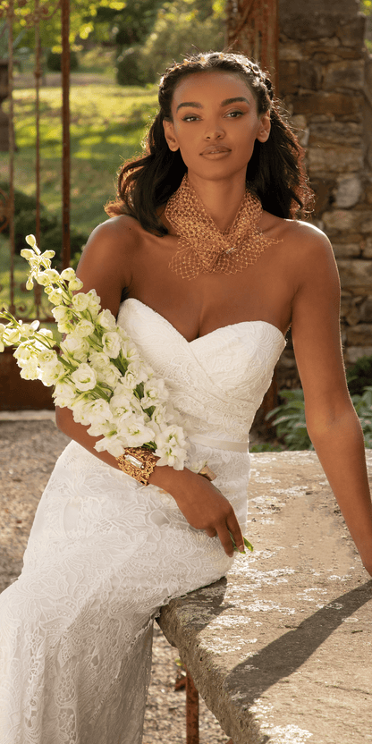 Strapless Sweetheart Lace Trumpet Dress with Cris Cross Bodice