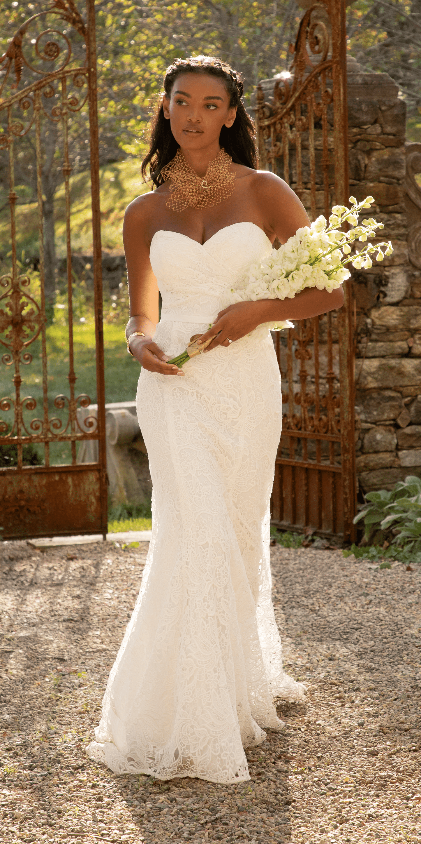 Strapless Sweetheart Lace Trumpet Dress with Cris Cross Bodice