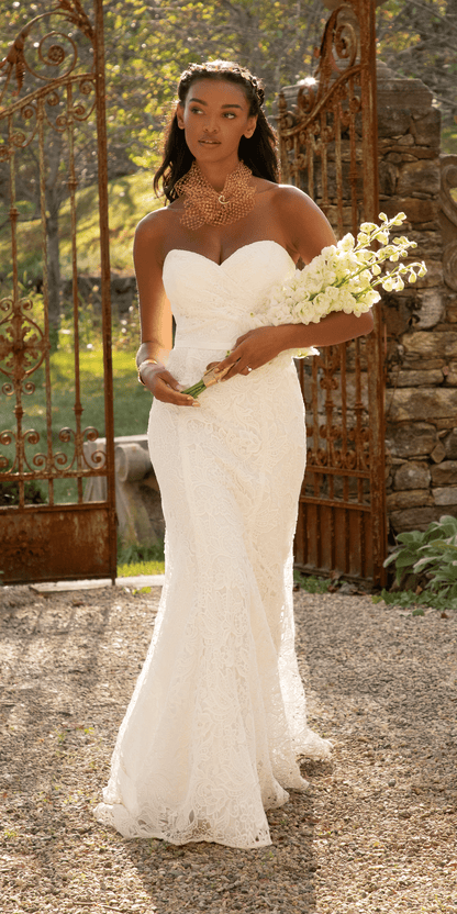 Strapless Sweetheart Lace Trumpet Dress with Cris Cross Bodice