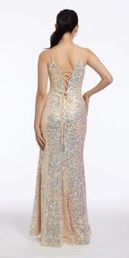 Plunging Pattern Sequin Lace Up Back Trumpet Dress