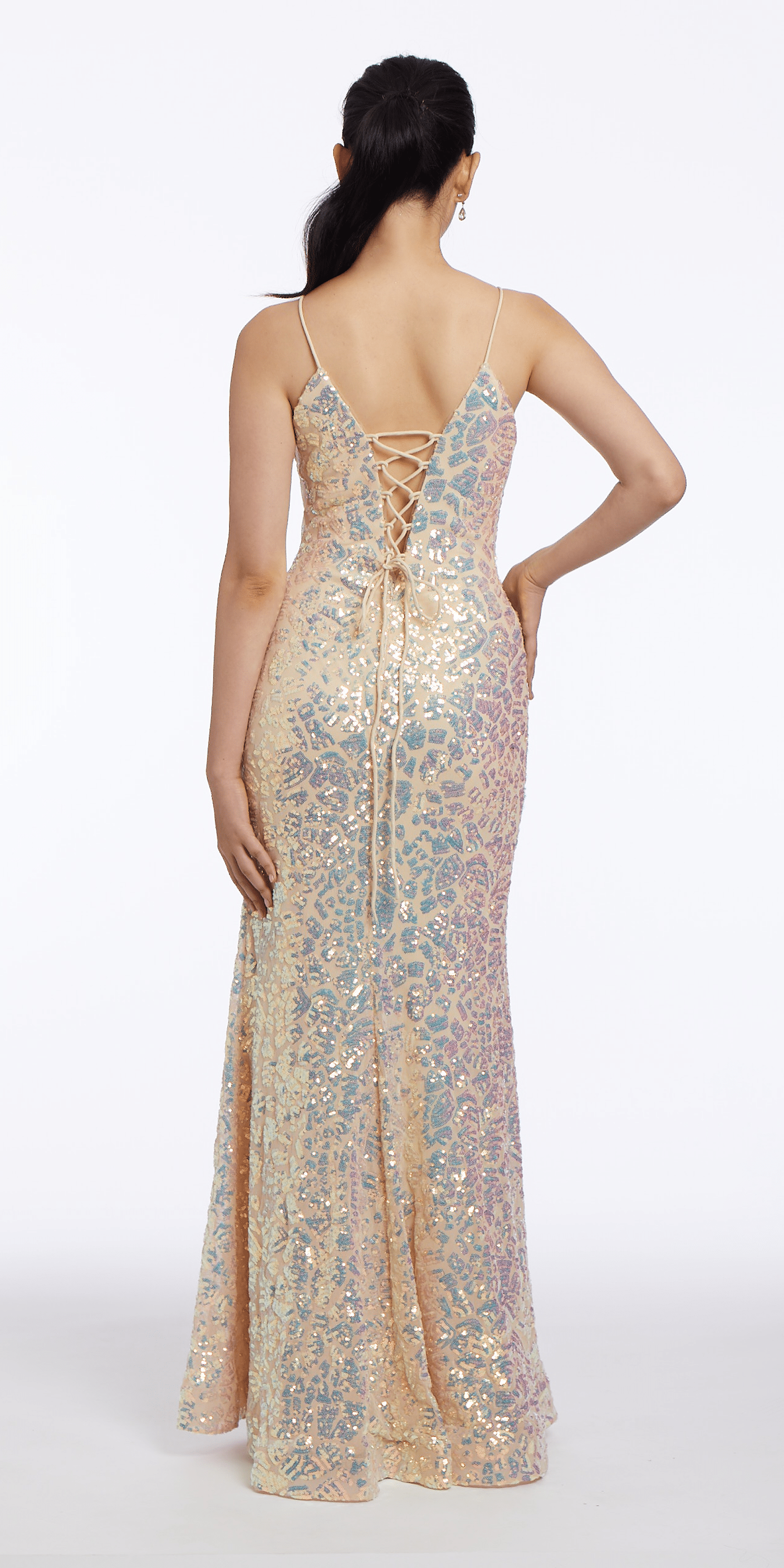 Plunging Pattern Sequin Lace Up Back Trumpet Dress