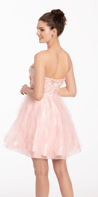 Plunging 3D Floral Embroidered Fit and Flare Ruffle Dress