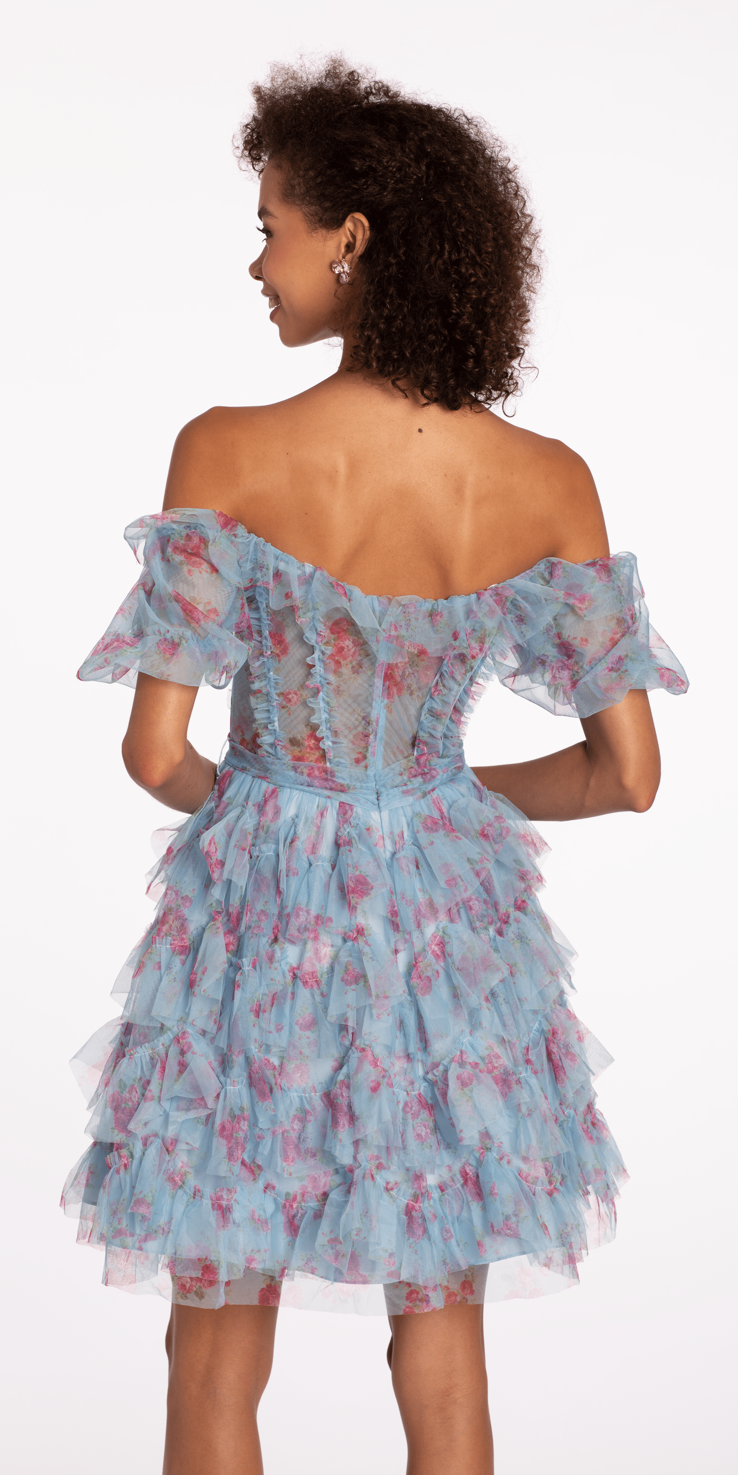Mesh Print Off the Shoulder Ruffle Fit and Flare Dress