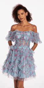 Mesh Print Off the Shoulder Ruffle Fit and Flare Dress