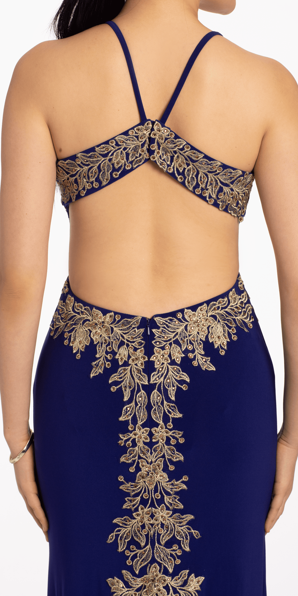 Embroidered Jersey Cut Out Dress with Sweep Train