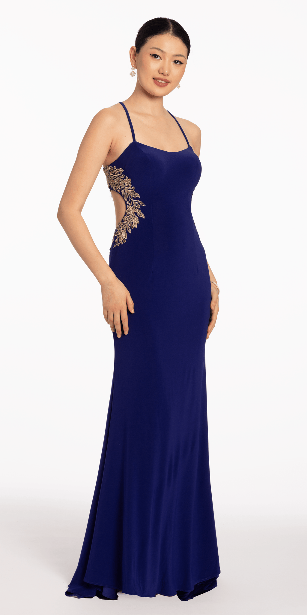 Embroidered Jersey Cut Out Dress with Sweep Train