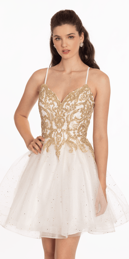 Metallic Embroidered Sweetheart Tulle Fit and Flare Dress