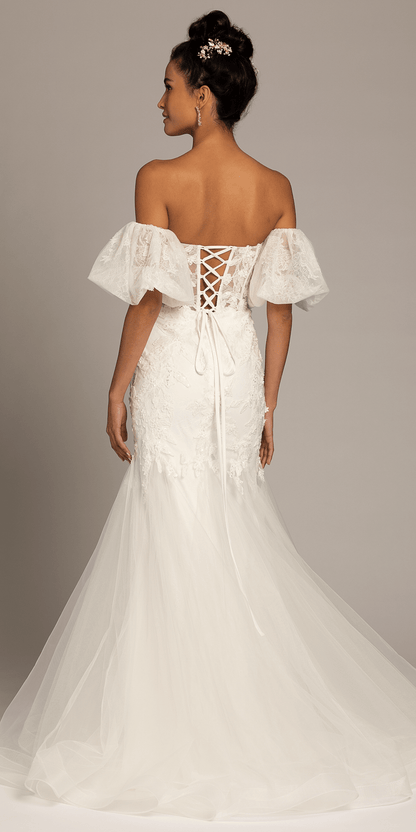 Corset Tie Back Embellished Tulle Mermaid Dress with Detachable Sleeves