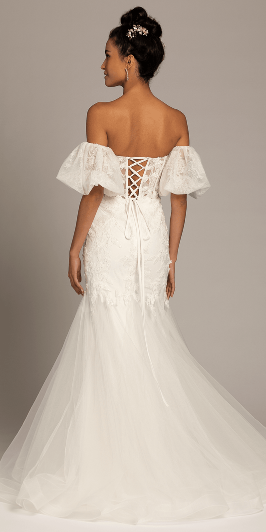 Corset Tie Back Embellished Tulle Mermaid Dress with Detachable Sleeves