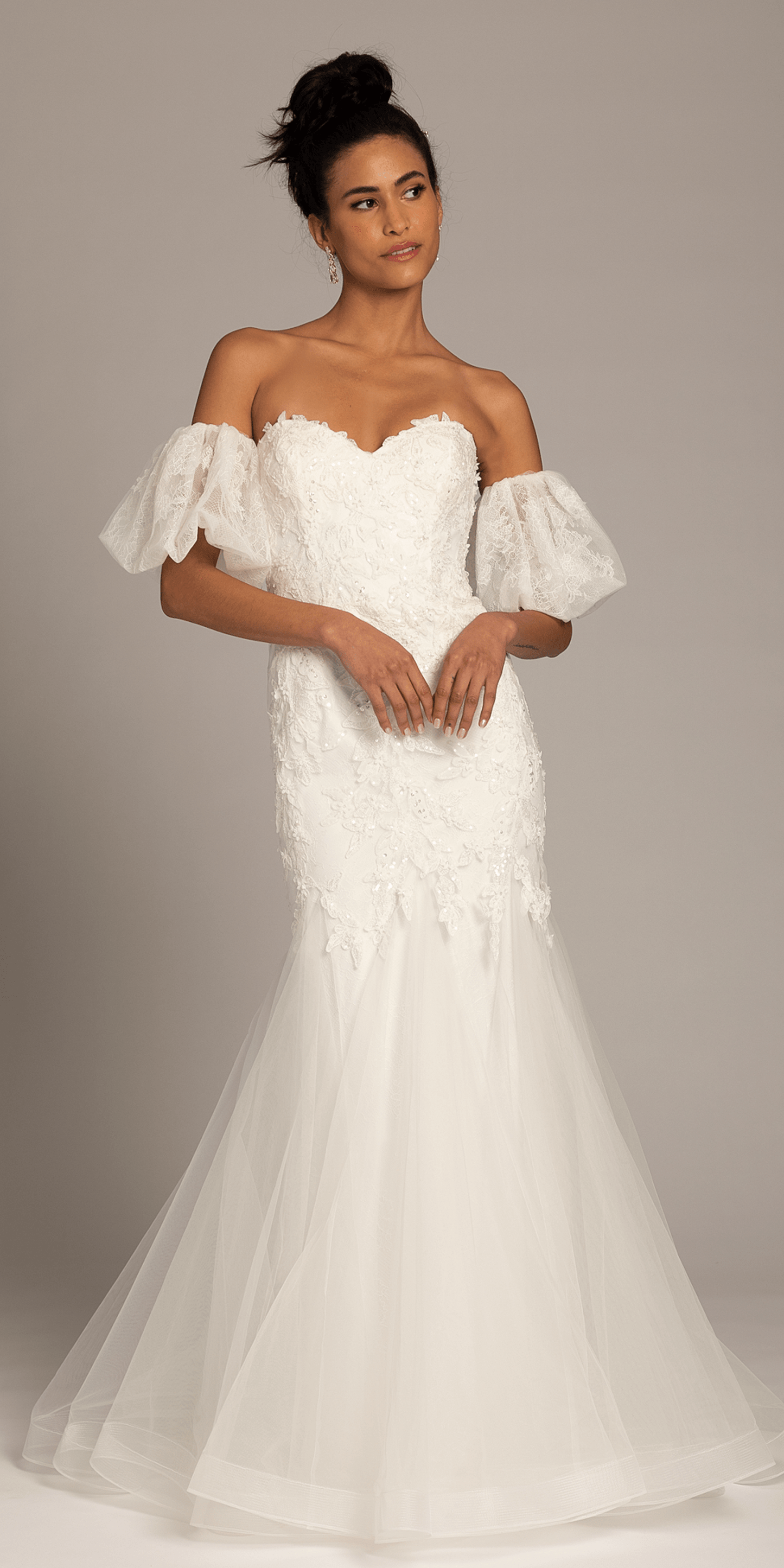 Corset Tie Back Embellished Tulle Mermaid Dress with Detachable Sleeves