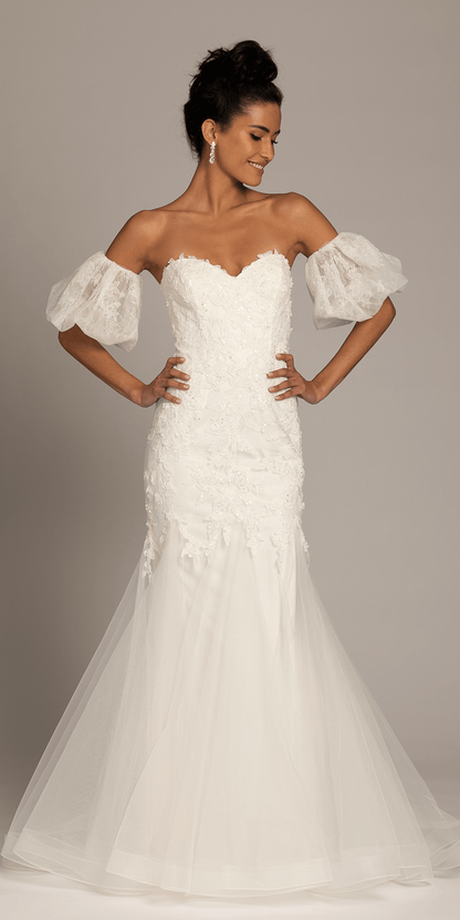 Corset Tie Back Embellished Tulle Mermaid Dress with Detachable Sleeves