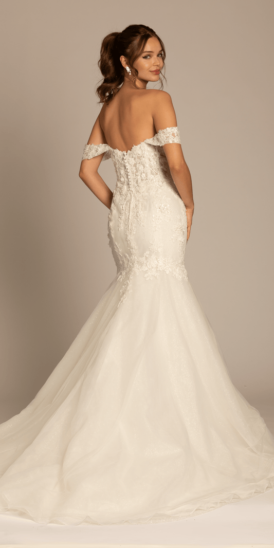 Floral Applique Off the Shoulder Glitter Tulle Mermaid Dress