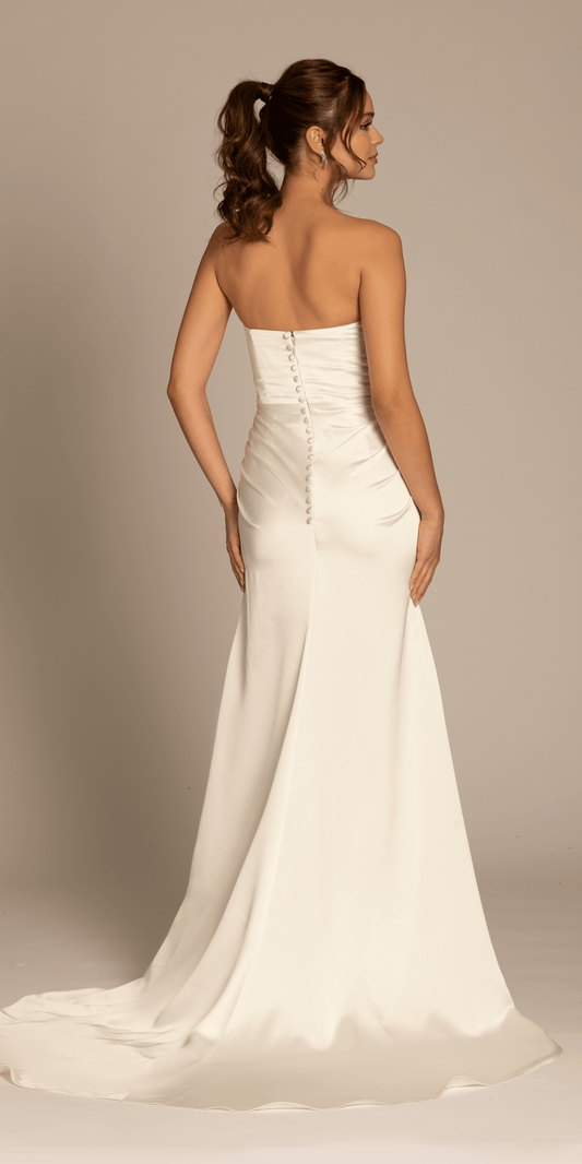 Satin Mock Wrap Pleated Column Dress with Chapel Train