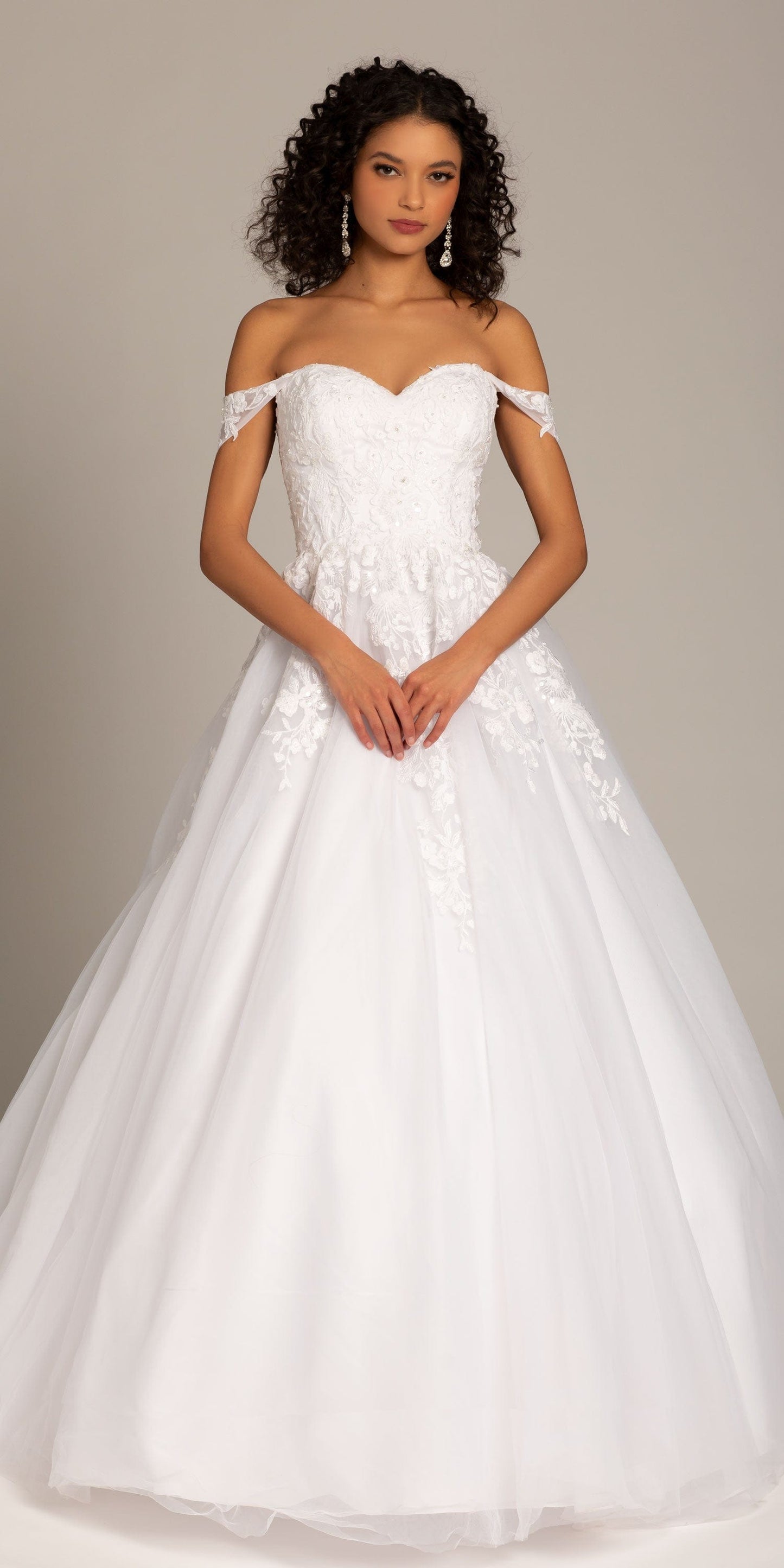 Embroidered Off the Shoulder Tulle Ballgown with Floral Detail