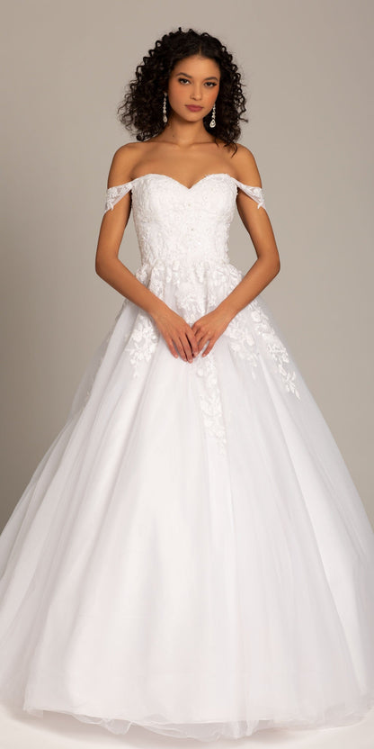 Embroidered Off the Shoulder Tulle Ballgown with Floral Detail