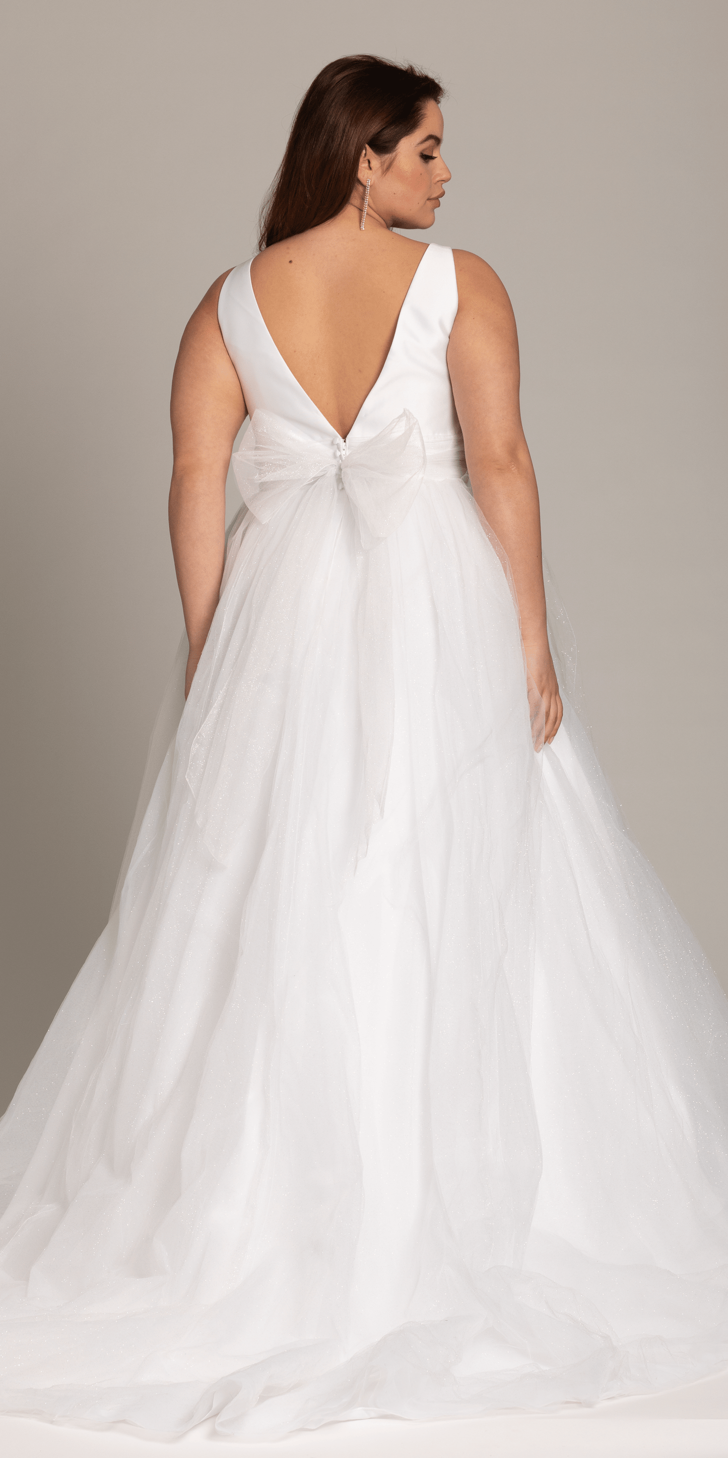 Plunging Mikado Glitter Ballgown with Bow Back