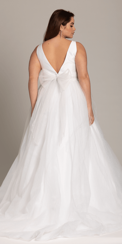 Plunging Mikado Glitter Ballgown with Bow Back