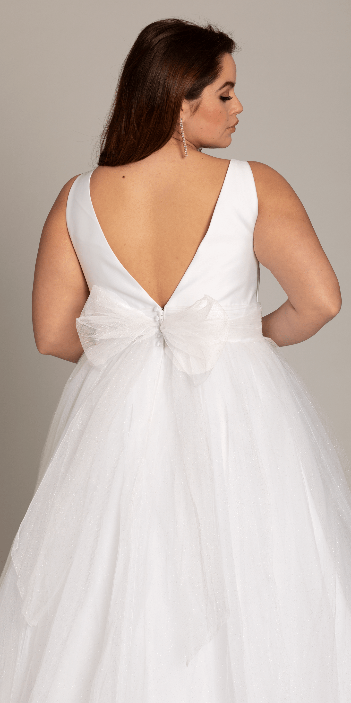 Plunging Mikado Glitter Ballgown with Bow Back