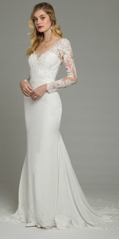 Long Sleeve Applique Crepe Button Back Lace Dress