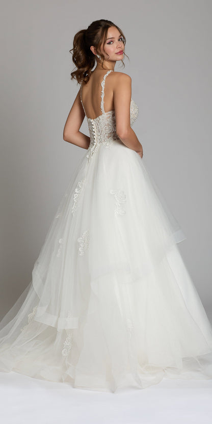 Beaded Lace Applique Cleo Neck Tulle Tiered Ballgown