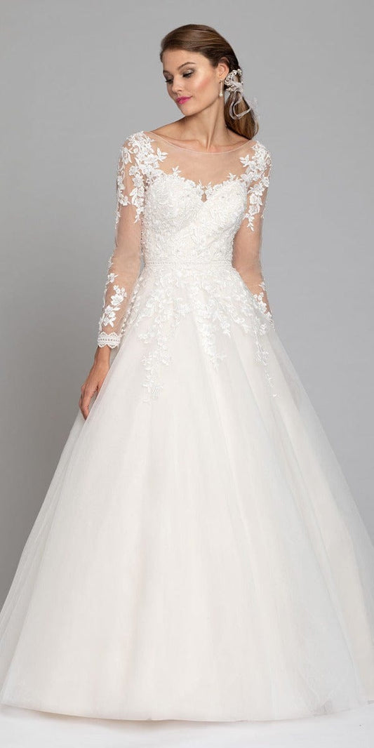 Long Sleeve Illusion Embroidered Tulle Ballgown