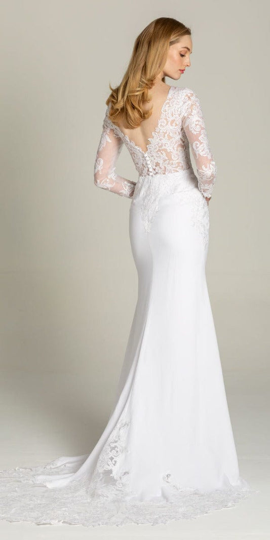 Long Sleeve V Back Crepe Dress with Embellished Appliques