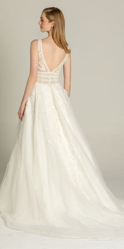 Glitter Embroidered Plunging Box Pleat Tulle Ballgown