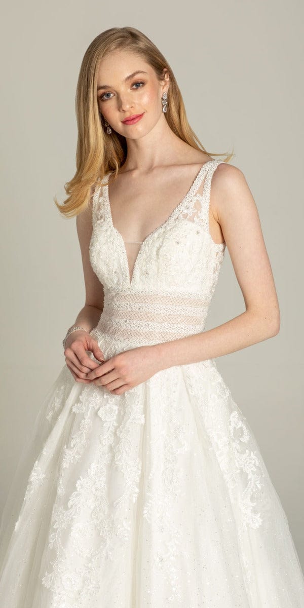 Glitter Embroidered Plunging Box Pleat Tulle Ballgown