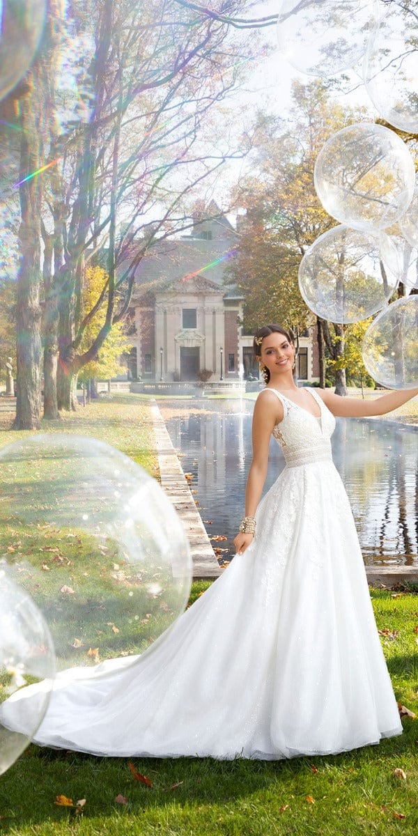 Glitter Embroidered Plunging Box Pleat Tulle Ballgown