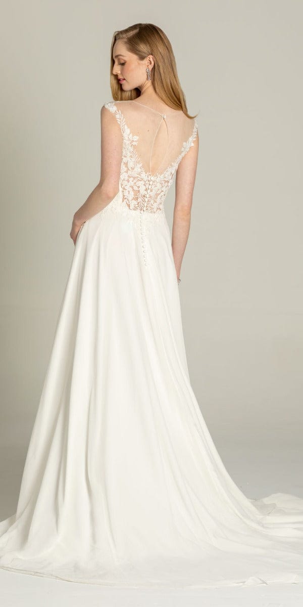 Illusion Cap Sleeve Chiffon A Line Dress with Floral Appliques