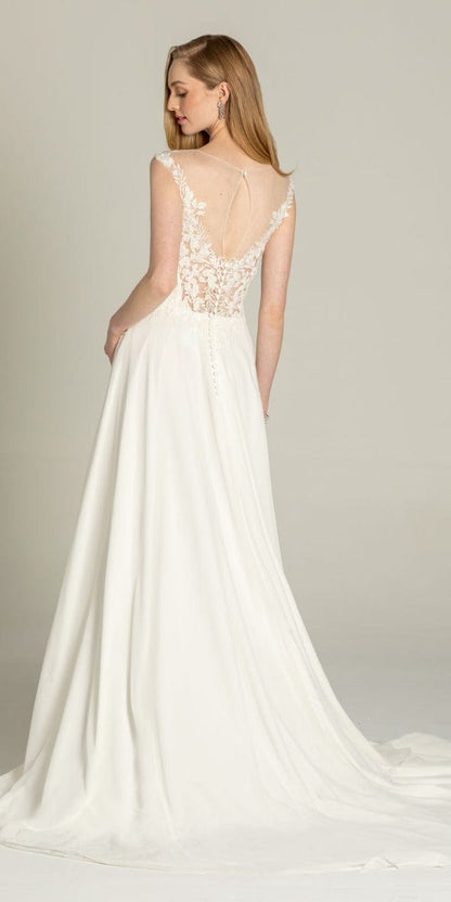Illusion Cap Sleeve Chiffon A Line Dress with Floral Appliques