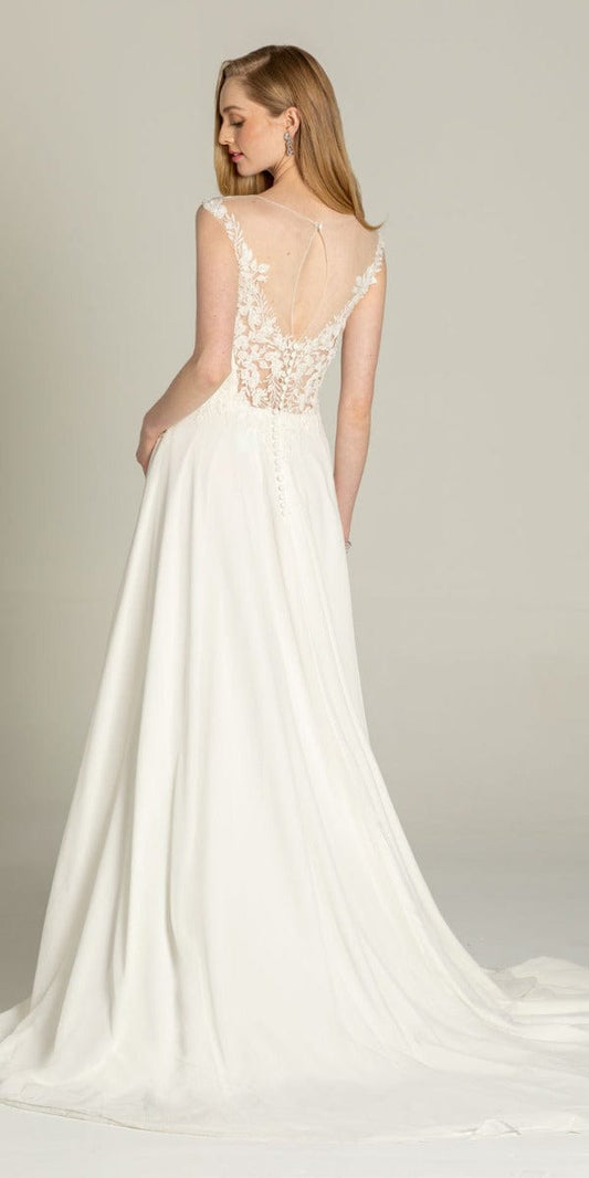 Illusion Cap Sleeve Chiffon A Line Dress with Floral Appliques