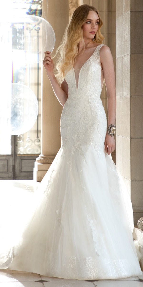 Rhinestone Studded Embroidered Plunging Glitter Trumpet Dress