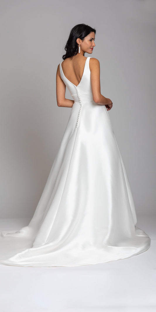 Mikado Plunging Button Back Ballgown with Cathedral Train