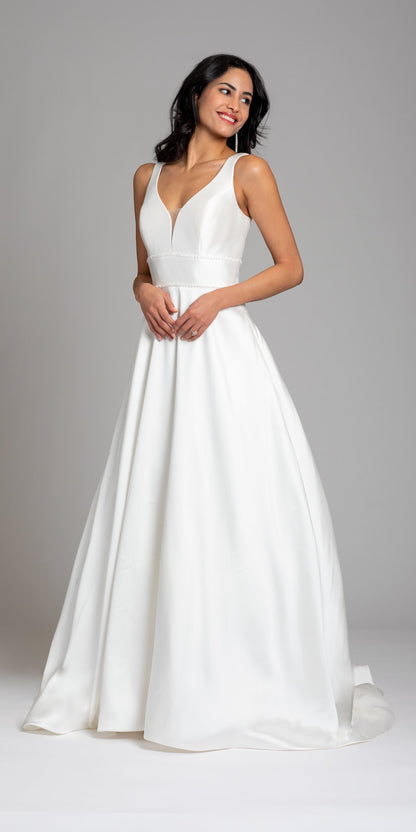 Mikado Plunging Button Back Ballgown with Cathedral Train