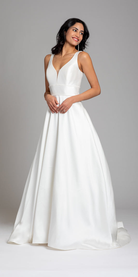 Mikado Plunging Button Back Ballgown with Cathedral Train
