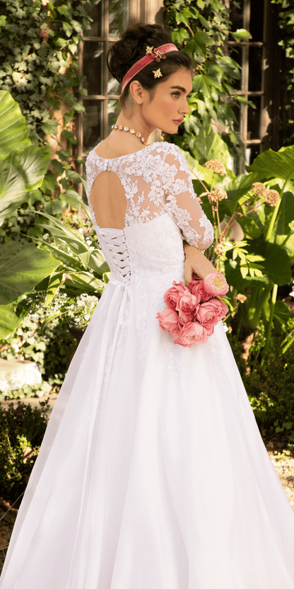 Organza V Neck Long Sleeve Lace Up Back Ballgown with Embellished Appliques