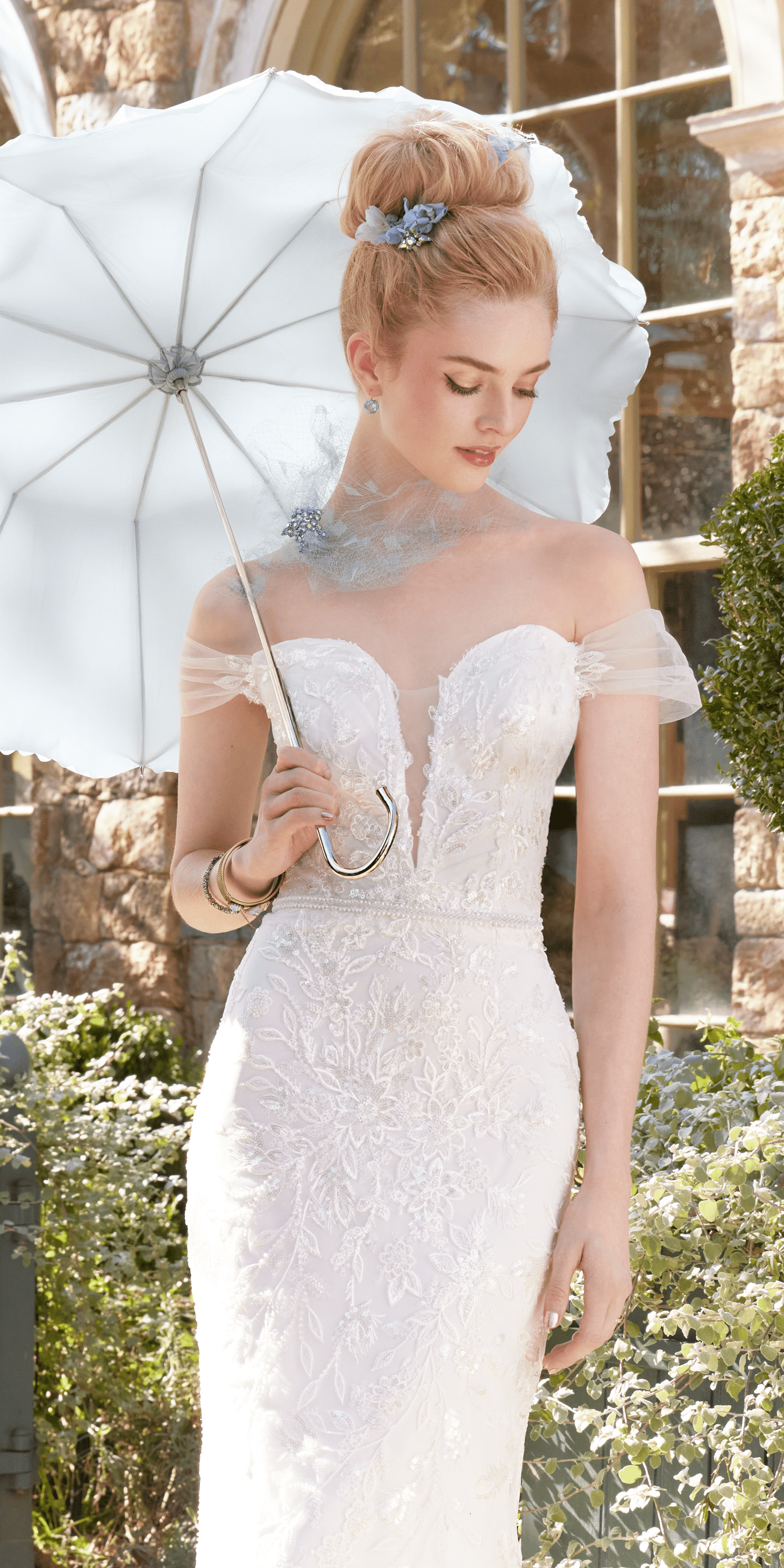 Off the Shoulder Tulle Plunging Beaded Trumpet Dress