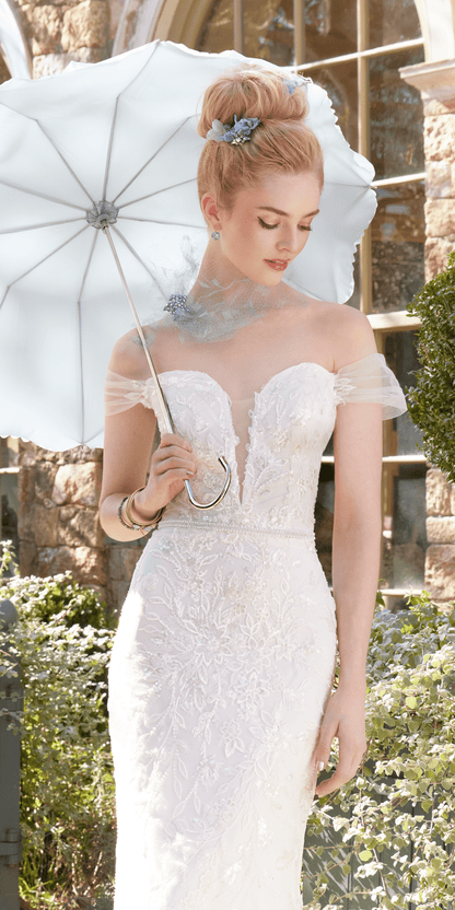 Off the Shoulder Tulle Plunging Beaded Trumpet Dress